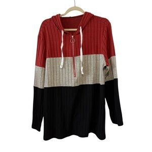 Shein Curve 1XL Red Gray Black Color Block Ribbed Lightweight Hoodie Pullover